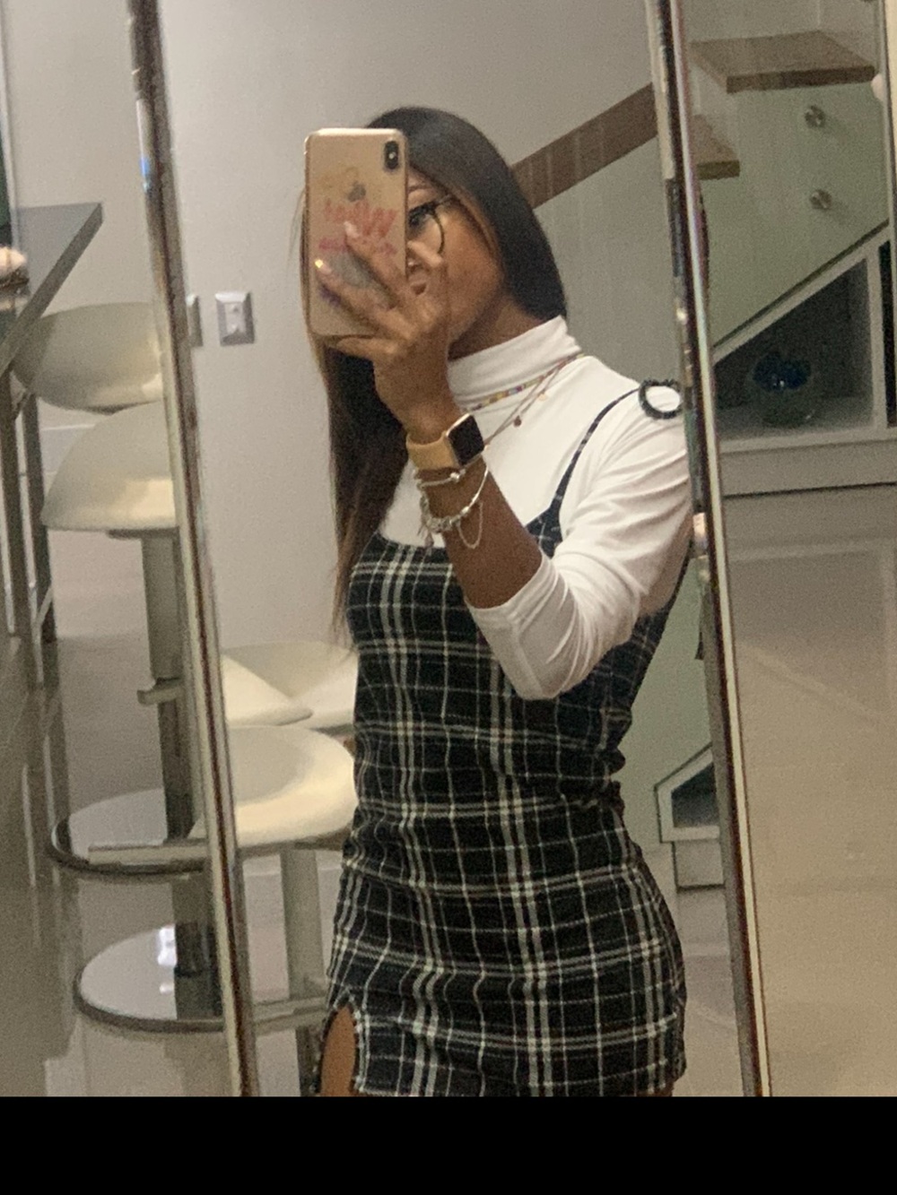 Plaid Black White Checkered Slip Dress with removable Turtleneck long sleeve